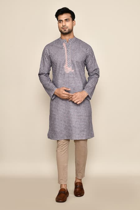 Buy_Arihant Rai Sinha_Grey Polyester, Cotton Embroidery Geometric Pattern Long Kurta