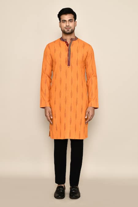 Arihant Rai Sinha_Gold Cotton Abstract Pattern Long Kurta _Online_at_Aza_Fashions