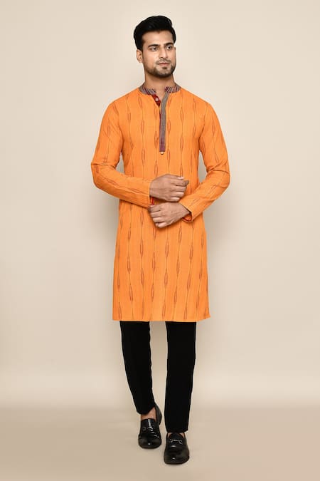 Arihant Rai Sinha_Gold Cotton Abstract Pattern Long Kurta _at_Aza_Fashions