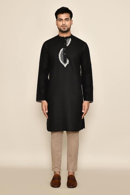 Arihant Rai Sinha_Black Polyester, Cotton Embroidery Thread Long Kurta_Online_at_Aza_Fashions