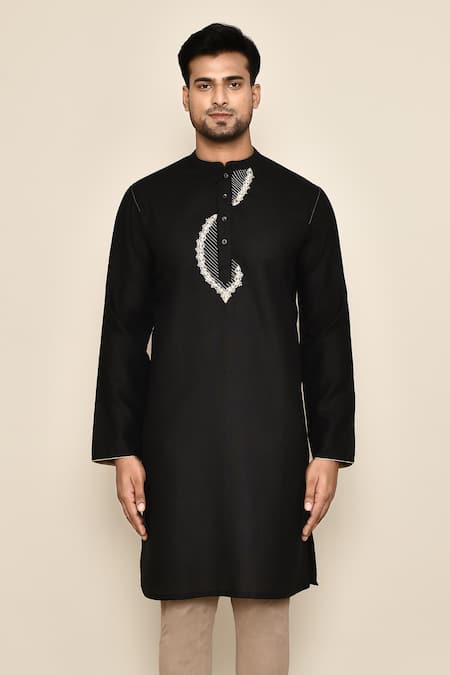 Buy_Arihant Rai Sinha_Black Polyester, Cotton Embroidery Thread Long Kurta_Online_at_Aza_Fashions