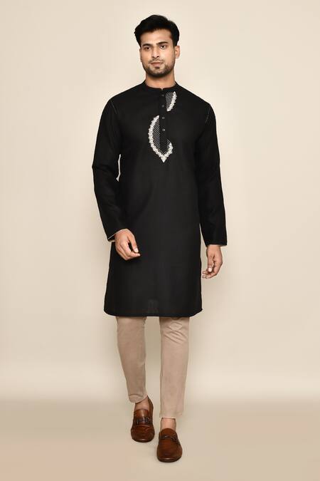 Arihant Rai Sinha_Black Polyester, Cotton Embroidery Thread Long Kurta_at_Aza_Fashions