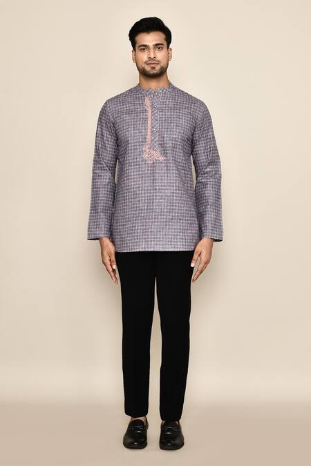 Arihant Rai Sinha_Grey Polyester, Cotton Embroidery Geometric Pattern Short Kurta _Online_at_Aza_Fashions