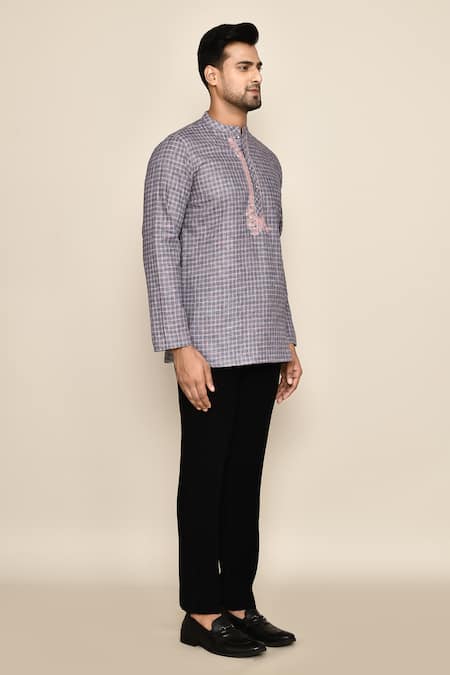 Buy_Arihant Rai Sinha_Grey Polyester, Cotton Embroidery Geometric Pattern Short Kurta _Online_at_Aza_Fashions