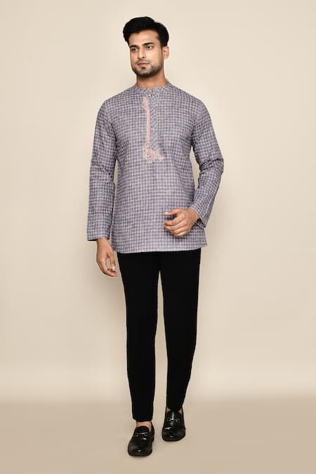 Shop_Arihant Rai Sinha_Grey Polyester, Cotton Embroidery Geometric Pattern Short Kurta _Online_at_Aza_Fashions