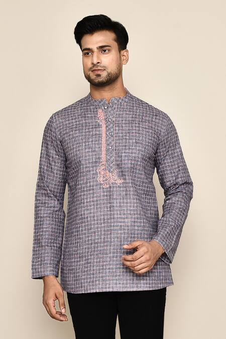 Arihant Rai Sinha_Grey Polyester, Cotton Embroidery Geometric Pattern Short Kurta _at_Aza_Fashions