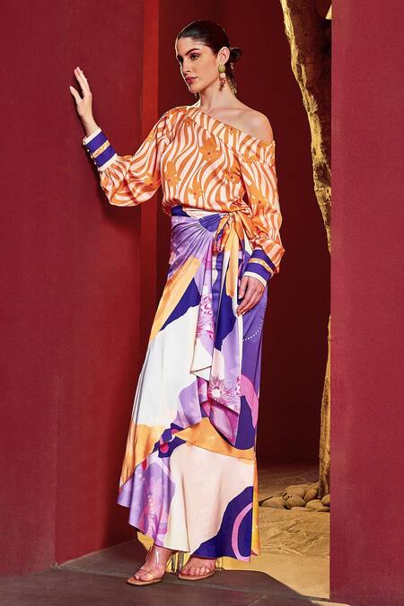 Mandira Wirk Resort Orange Satin One Shoulder Bloom Swerve Print Top With Ruffled Wrap Skirt  3