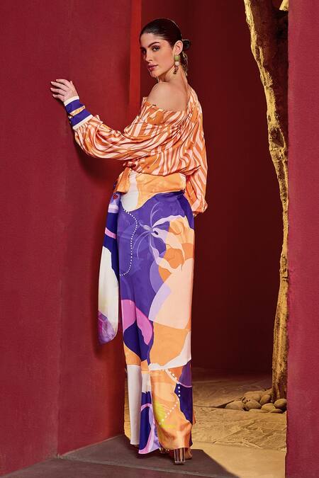 Mandira Wirk Resort Orange Satin One Shoulder Bloom Swerve Print Top With Ruffled Wrap Skirt  5