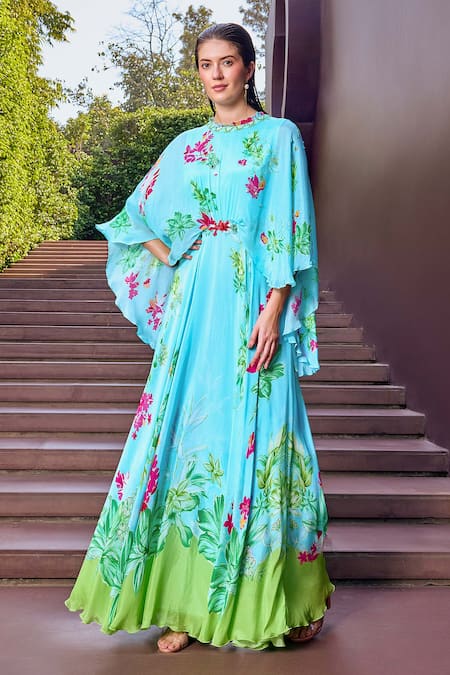 Mandira Wirk Botanic Bloom Print Cape Sleeves Maxi Dress 