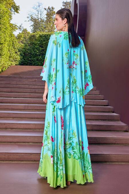 Mandira Wirk Resort Botanic Bloom Print Cape Sleeves Maxi Dress 