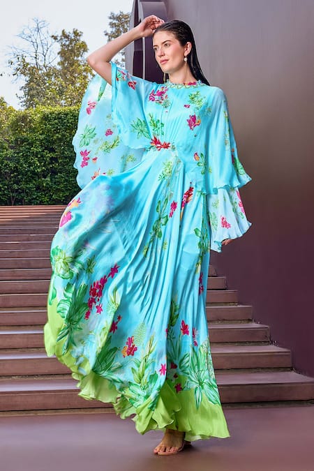 Buy Mandira Wirk Resort Blue Chiffon Round Neck Botanic Bloom Print Cape Sleeves Maxi Dress Online at Aza Fashions Buy_Mandira Wirk Resort_Blue Chiffon Round Neck Botanic Bloom Print Cape Sleeves Maxi Dress _Online_at_Aza_Fashions
