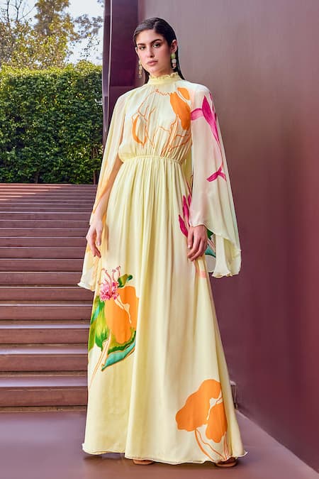 Mandira Wirk Botanic Flora Print Cape Sleeves Maxi Dress 