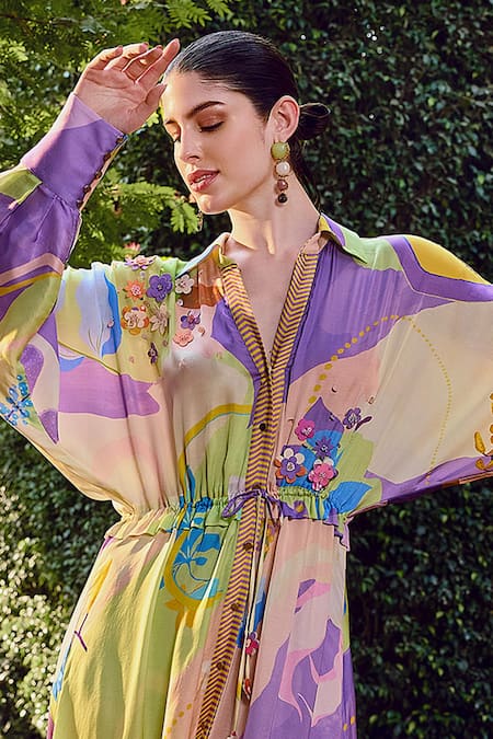 Mandira Wirk Resort_Multi Color Modal, Satin Collared Fiore Print High Low Shirt Dress _Online_at_Aza_Fashions