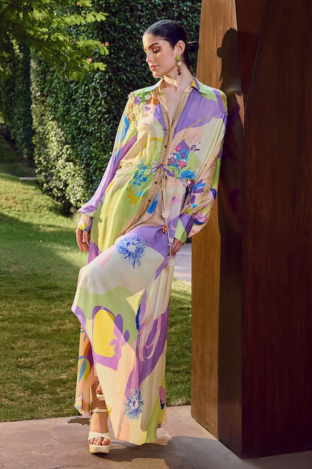 Buy_Mandira Wirk Resort_Multi Color Modal, Satin Collared Fiore Print High Low Shirt Dress _Online_at_Aza_Fashions