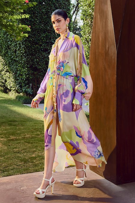 Mandira Wirk Resort_Multi Color Modal, Satin Collared Fiore Print High Low Shirt Dress _at_Aza_Fashions