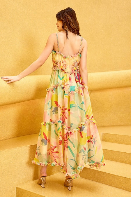 Shop Mandira Wirk Resort Pink Cotton Pearls Square Neck Florid Print Ruffle Tiered Maxi Dress at Aza Fashions Shop_Mandira Wirk Resort_Pink Cotton Pearls Square Neck Florid Print Ruffle Tiered Maxi Dress _at_Aza_Fashions