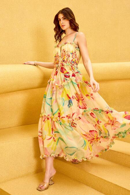 Shop Mandira Wirk Resort Pink Cotton Pearls Square Neck Florid Print Ruffle Tiered Maxi Dress Online at Aza Fashions Shop_Mandira Wirk Resort_Pink Cotton Pearls Square Neck Florid Print Ruffle Tiered Maxi Dress _Online_at_Aza_Fashions