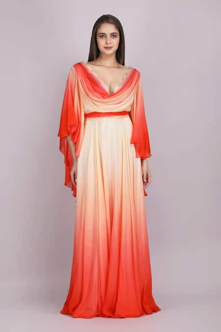 Mandira Wirk Resort_Red Chiffon Cut Work Cowl Neck Ombre Flutter Sleeves Gown _Online_at_Aza_Fashions