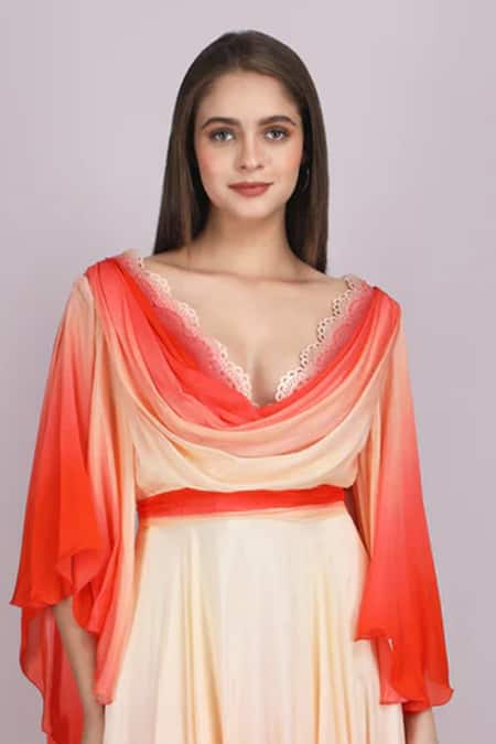Buy_Mandira Wirk Resort_Red Chiffon Cut Work Cowl Neck Ombre Flutter Sleeves Gown _Online_at_Aza_Fashions