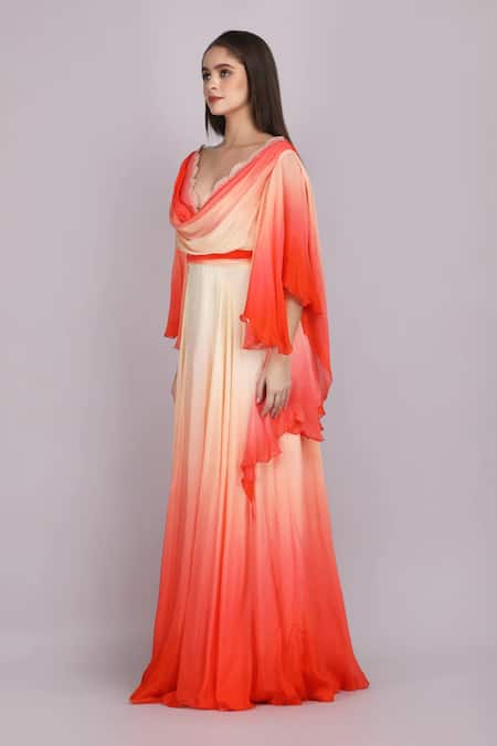 Shop_Mandira Wirk Resort_Red Chiffon Cut Work Cowl Neck Ombre Flutter Sleeves Gown _Online_at_Aza_Fashions