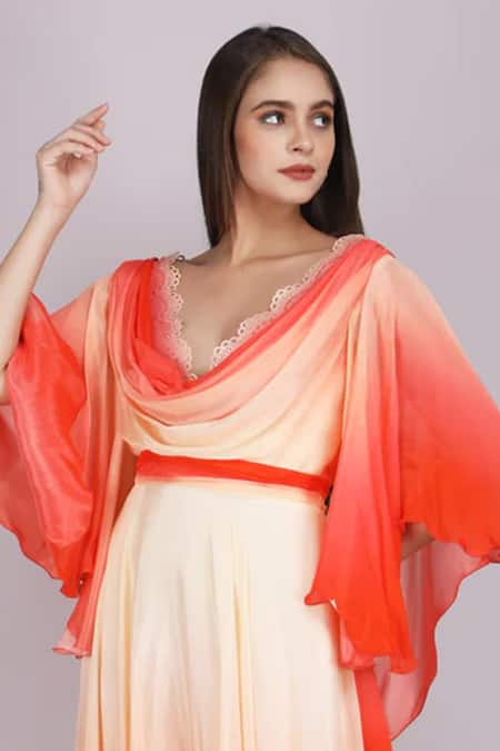 Mandira Wirk Resort_Red Chiffon Cut Work Cowl Neck Ombre Flutter Sleeves Gown _at_Aza_Fashions