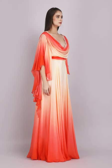 Buy_Mandira Wirk Resort_Red Chiffon Cut Work Cowl Neck Ombre Flutter Sleeves Gown 