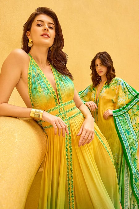Shop Mandira Wirk Resort Green Chiffon Halter Neck Vacay Ombre Florence Print Maxi Dress Online at Aza Fashions Shop_Mandira Wirk Resort_Green Chiffon Halter Neck Vacay Ombre Florence Print Maxi Dress _Online_at_Aza_Fashions