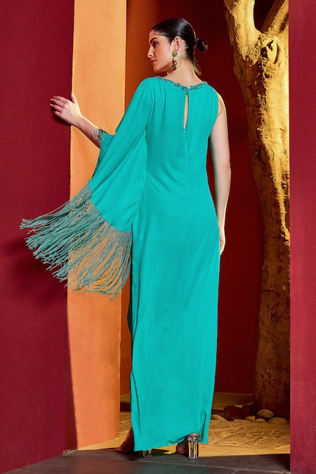 Mandira Wirk Resort Fringed One Sleeves Solid Maxi Dress 