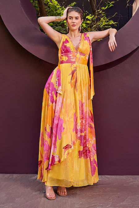 Mandira Wirk Floral Print Glittery Lurex Striped Maxi Dress 