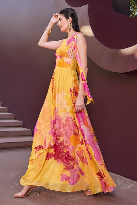 Mandira Wirk Resort Floral Print Glittery Lurex Striped Maxi Dress 