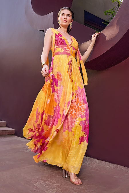 Mandira Wirk Resort Yellow Lurex, Georgette Plunge Neck Floral Print Glittery Striped Maxi Dress Online at Aza Fashions Mandira Wirk Resort_Yellow Lurex, Georgette Plunge Neck Floral Print Glittery Striped Maxi Dress _Online_at_Aza_Fashions