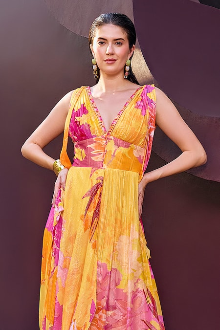 Buy Mandira Wirk Resort Yellow Lurex, Georgette Plunge Neck Floral Print Glittery Striped Maxi Dress Online at Aza Fashions Buy_Mandira Wirk Resort_Yellow Lurex, Georgette Plunge Neck Floral Print Glittery Striped Maxi Dress _Online_at_Aza_Fashions