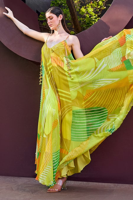 Mandira Wirk Resort Green Lurex, Georgette Abstract Print Glittery Striped Backless Maxi Dress Online at Aza Fashions Mandira Wirk Resort_Green Lurex, Georgette Abstract Print Glittery Striped Backless Maxi Dress _Online_at_Aza_Fashions