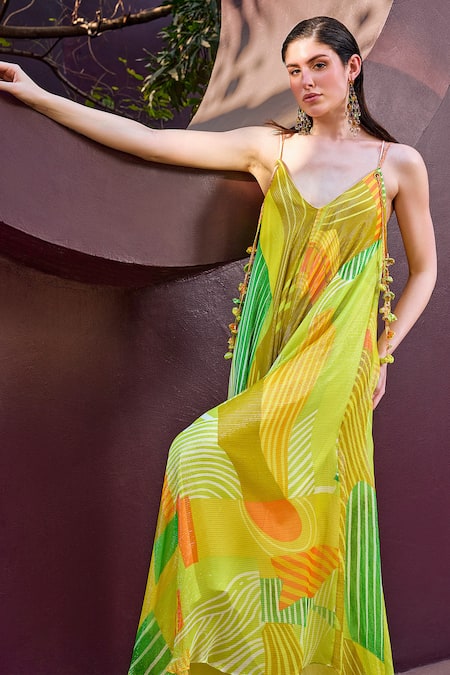 Buy Mandira Wirk Resort Green Lurex, Georgette Abstract Print Glittery Striped Backless Maxi Dress Online at Aza Fashions Buy_Mandira Wirk Resort_Green Lurex, Georgette Abstract Print Glittery Striped Backless Maxi Dress _Online_at_Aza_Fashions