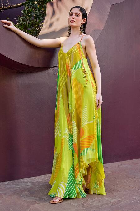 Shop Mandira Wirk Resort Green Lurex, Georgette Abstract Print Glittery Striped Backless Maxi Dress Online at Aza Fashions Shop_Mandira Wirk Resort_Green Lurex, Georgette Abstract Print Glittery Striped Backless Maxi Dress _Online_at_Aza_Fashions