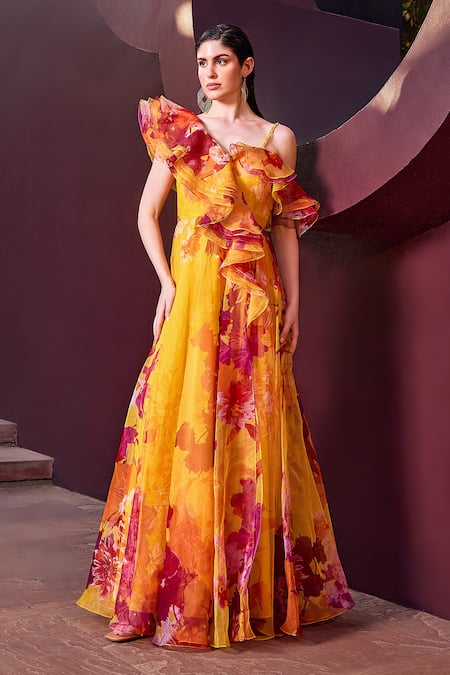 Mandira Wirk Sunset Radiance Bloom Print Ruffled Maxi Dress 