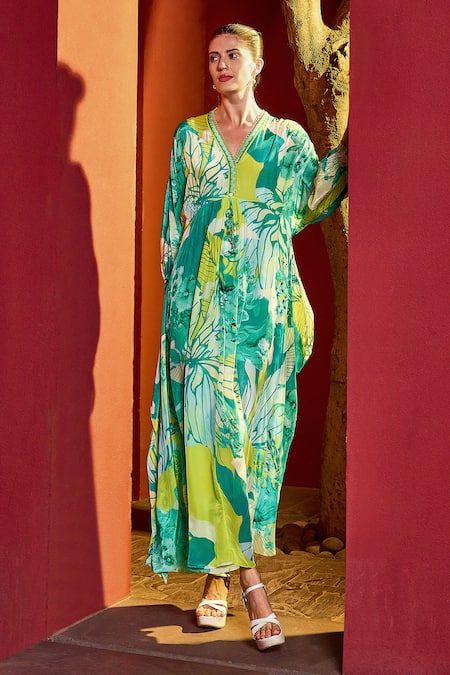 Buy Mandira Wirk Resort Green Viscose, Crepe Tassels V-neck Bloom Petal Print Kaftan Online at Aza Fashions Buy_Mandira Wirk Resort_Green Viscose, Crepe Tassels V-neck Bloom Petal Print Kaftan _Online_at_Aza_Fashions