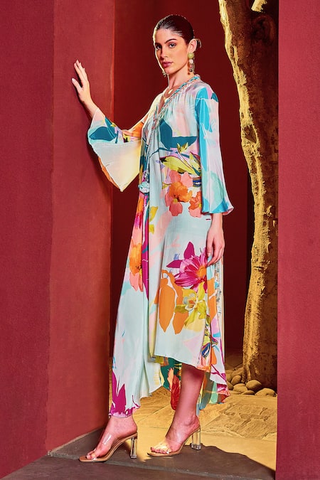 Mandira Wirk Resort Blue Viscose, Crepe Tassels V-neck Floral Print Kaftan Dress Online at Aza Fashions Mandira Wirk Resort_Blue Viscose, Crepe Tassels V-neck Floral Print Kaftan Dress _Online_at_Aza_Fashions