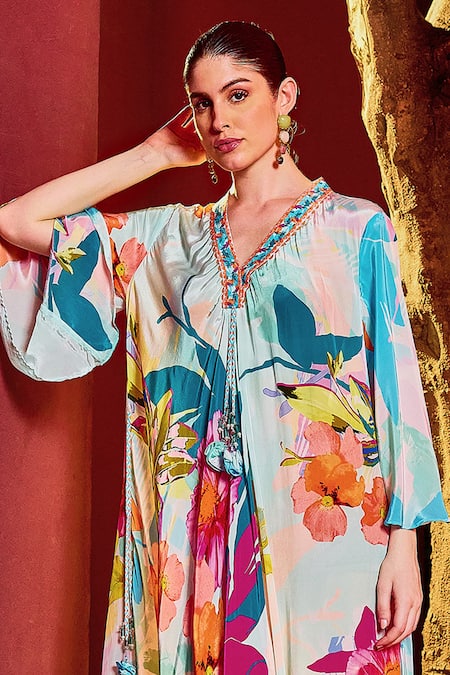 Buy Mandira Wirk Resort Blue Viscose, Crepe Tassels V-neck Floral Print Kaftan Dress Online at Aza Fashions Buy_Mandira Wirk Resort_Blue Viscose, Crepe Tassels V-neck Floral Print Kaftan Dress _Online_at_Aza_Fashions