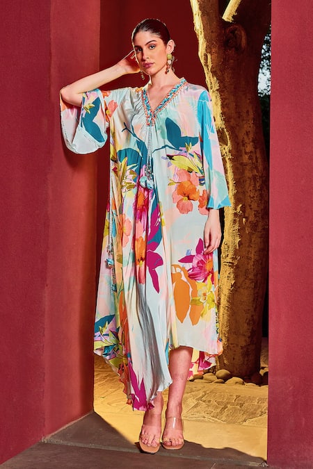 Shop Mandira Wirk Resort Blue Viscose, Crepe Tassels V-neck Floral Print Kaftan Dress Online at Aza Fashions Shop_Mandira Wirk Resort_Blue Viscose, Crepe Tassels V-neck Floral Print Kaftan Dress _Online_at_Aza_Fashions