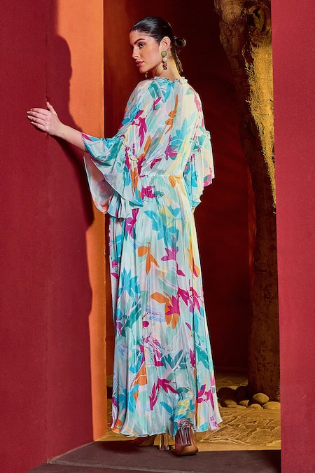 Shop_Mandira Wirk Resort_Blue Chiffon V-neck Florette Print Kaftan Dress _at_Aza_Fashions