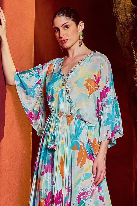 Mandira Wirk Resort_Blue Chiffon V-neck Florette Print Kaftan Dress _Online_at_Aza_Fashions
