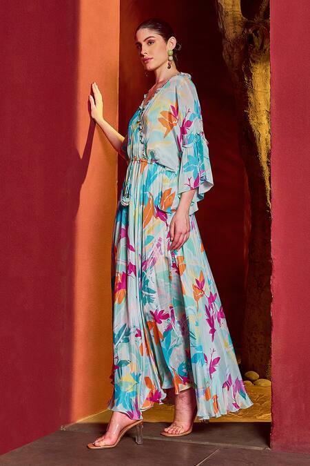 Buy_Mandira Wirk Resort_Blue Chiffon V-neck Florette Print Kaftan Dress _Online_at_Aza_Fashions