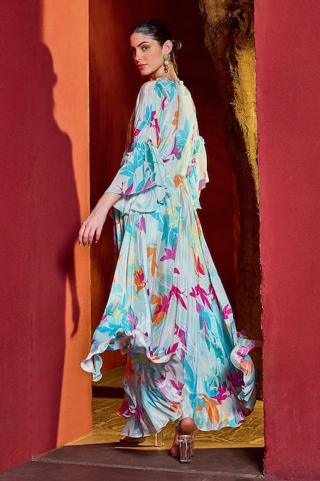 Shop_Mandira Wirk Resort_Blue Chiffon V-neck Florette Print Kaftan Dress _Online_at_Aza_Fashions