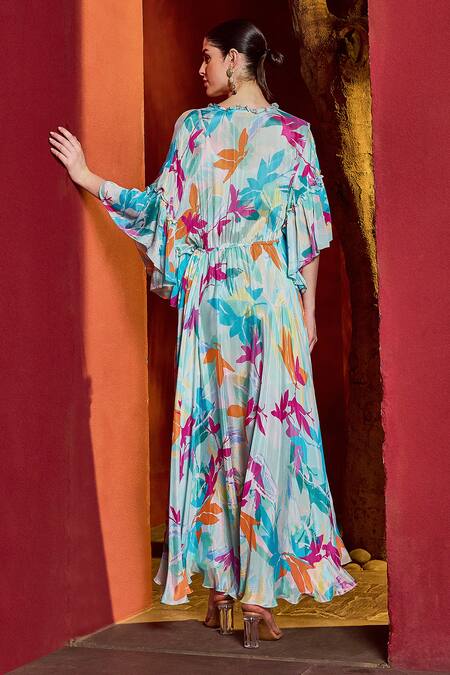 Mandira Wirk Resort_Blue Chiffon V-neck Florette Print Kaftan Dress _at_Aza_Fashions