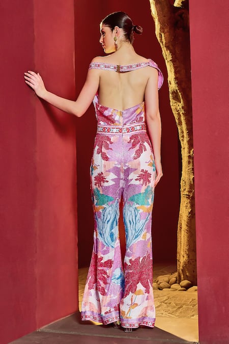 Shop_Mandira Wirk Resort_Multi Color Sequins One Shoulder Embroidered Jumpsuit _at_Aza_Fashions