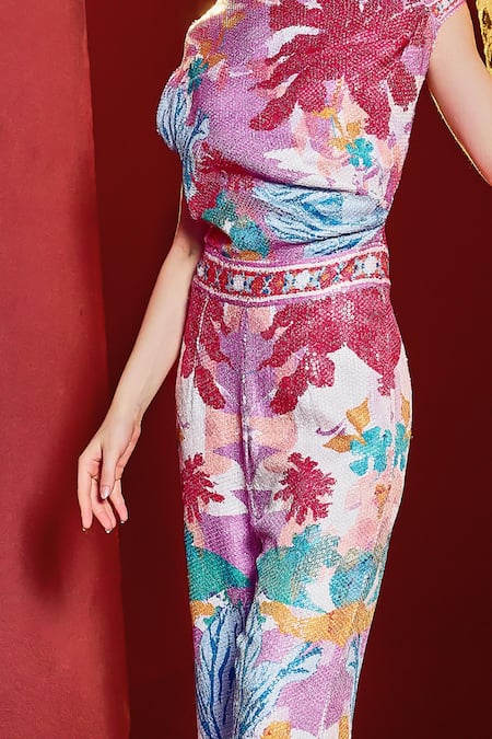 Buy_Mandira Wirk Resort_Multi Color Sequins One Shoulder Embroidered Jumpsuit _Online_at_Aza_Fashions