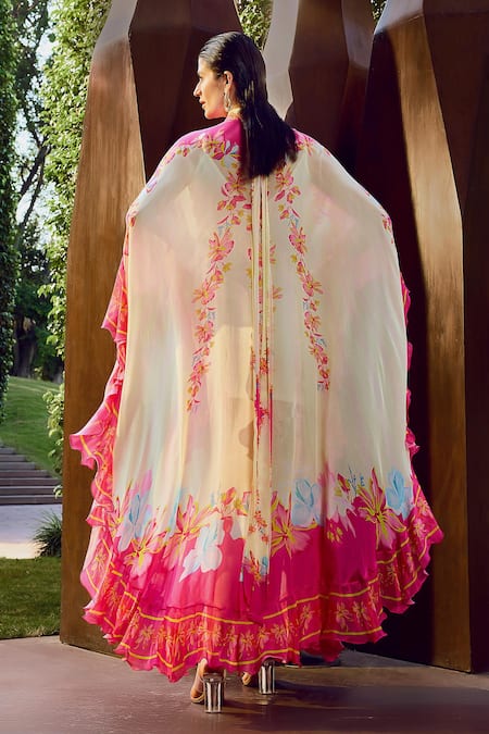 Shop Mandira Wirk Resort Pink Mandarin Collar Floral Placement Print Kaftan at Aza Fashions Shop_Mandira Wirk Resort_Pink Mandarin Collar Floral Placement Print Kaftan _at_Aza_Fashions