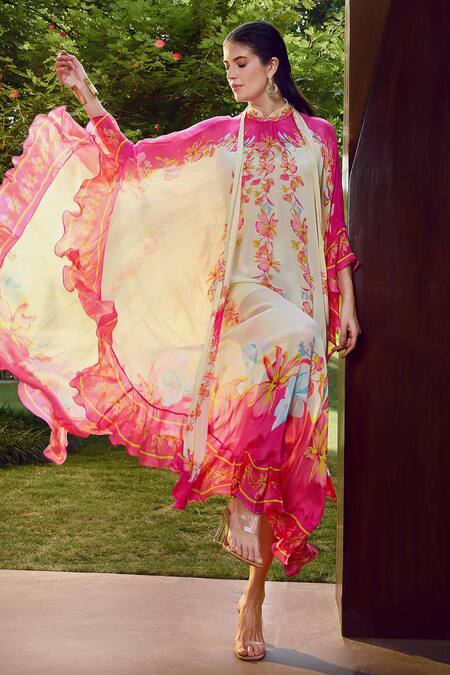 Mandira Wirk Resort Pink Mandarin Collar Floral Placement Print Kaftan Online at Aza Fashions Mandira Wirk Resort_Pink Mandarin Collar Floral Placement Print Kaftan _Online_at_Aza_Fashions
