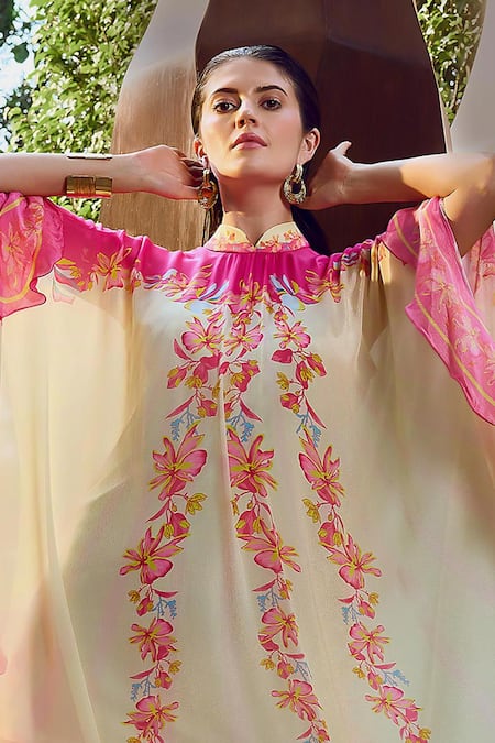 Shop Mandira Wirk Resort Pink Mandarin Collar Floral Placement Print Kaftan Online at Aza Fashions Shop_Mandira Wirk Resort_Pink Mandarin Collar Floral Placement Print Kaftan _Online_at_Aza_Fashions